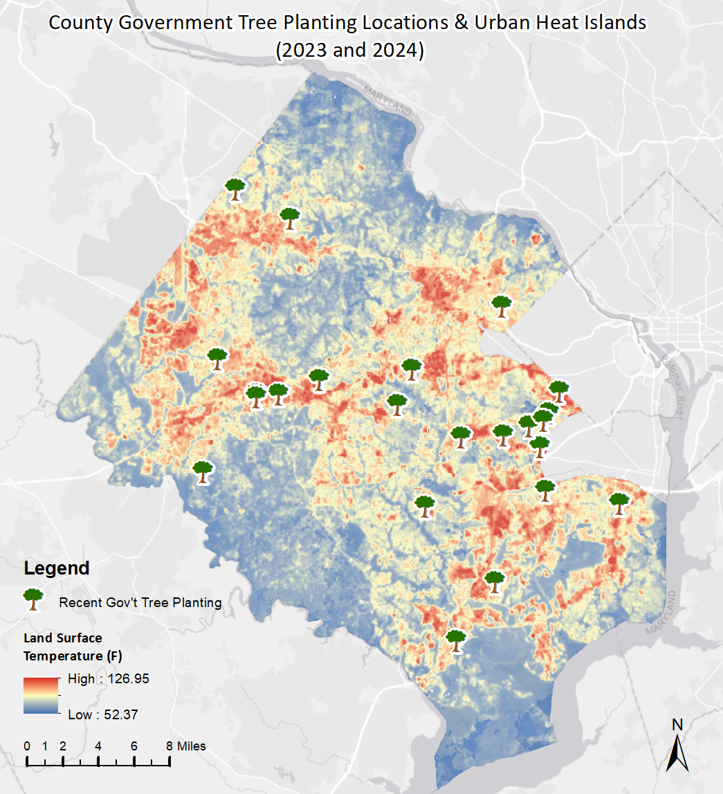map showing county government tree planting locations and urban heat islands from 2023 and 2024
