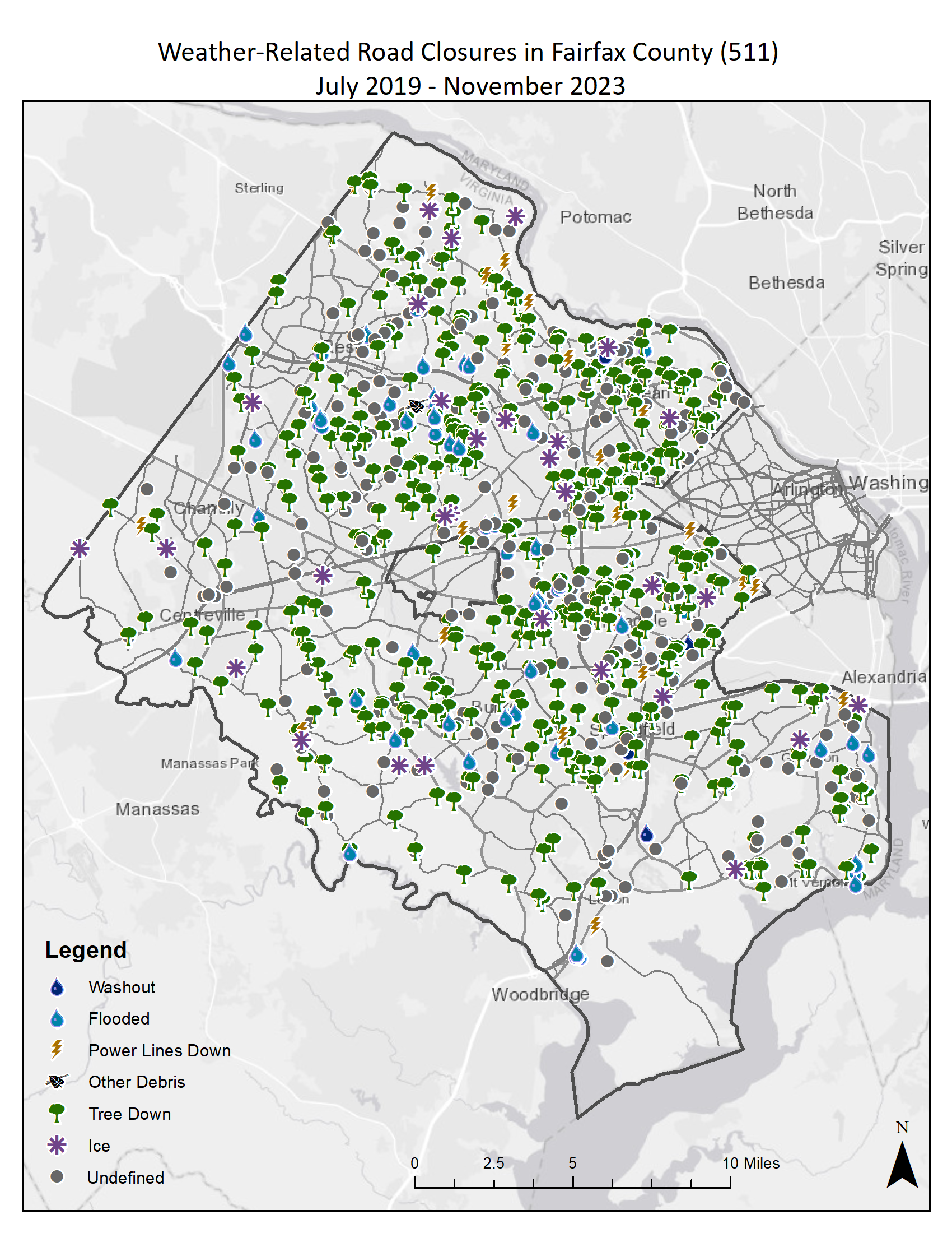 map showing weather related roadway closures