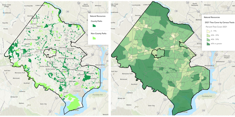 two maps showing park land and tree canopy