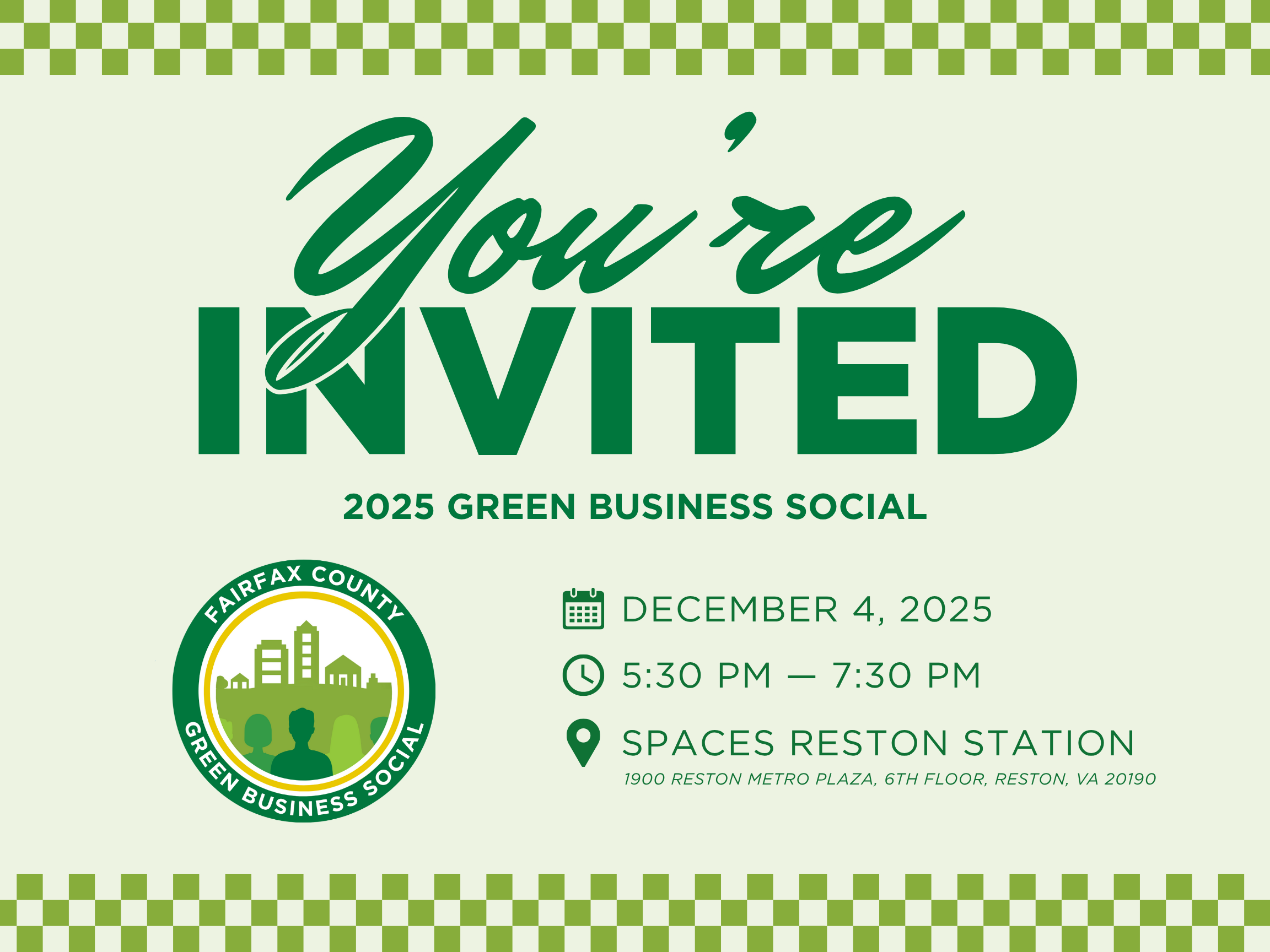 graphic with checkerboard motif and YOURE invited with event details