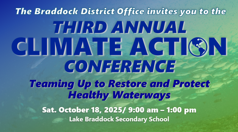 graphic showing info details about the third annual climate action conference from the braddock district