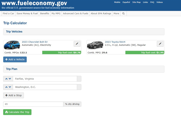 comparison of gas and EV on a screenshot of the fuel economy trip calculator