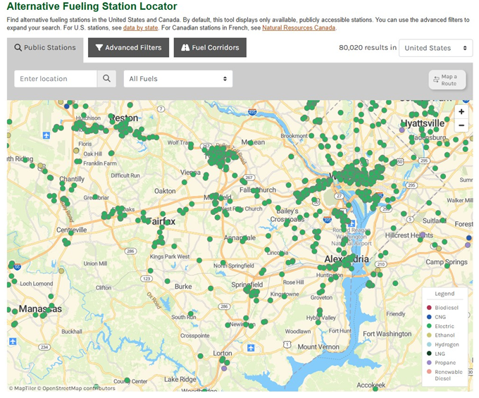 screenshot of a map of public chargers in the fairfax county area