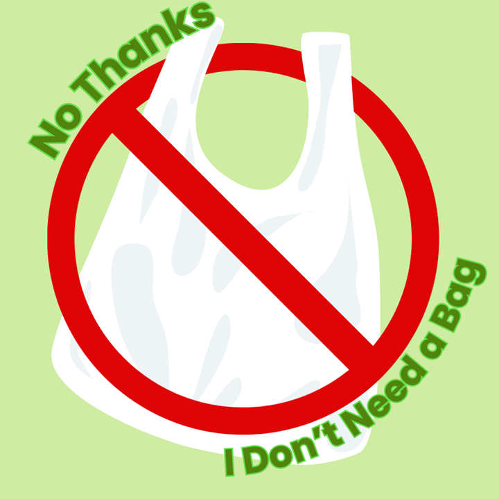 graphic with a drawing of a plastic bag that says no thanks i don't need a bag!