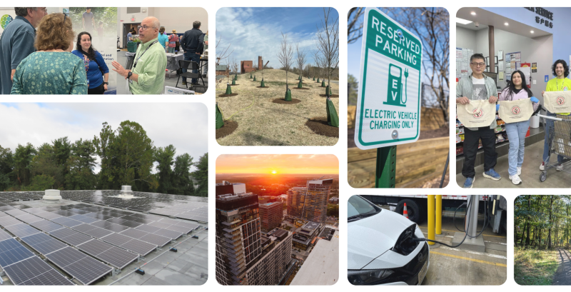collage of photos from report, including people at events and solar panels.