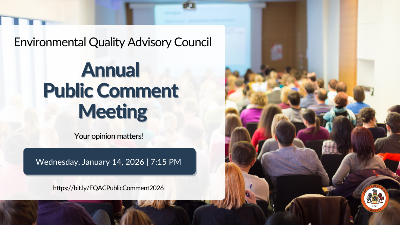 Graphic announcing the Environmental Quality Advisory Council Annual Public Comment Meeting on Wednesday, January 14, 2026, at 7:15 PM. Includes the text "Your opinion matters" and a meeting crowd image. Seal of Fairfax County, Virginia is in the bottom-right corner. Link provided: https://bit.ly/EQACPublicComment2026