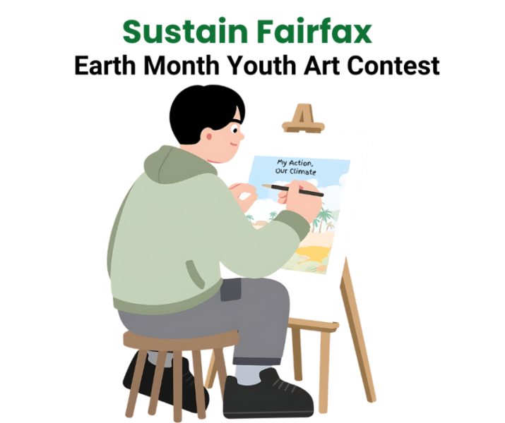 promotion graphic with a man sitting down in front of an easel drawing a beach landscaping art piece, and a learn more button with a cursor; Sustain Fairfax logo on the bottom of the image.