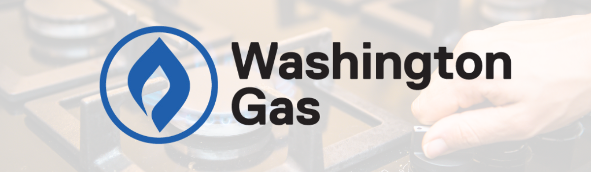 Washington Gas logo over a blurred image of a hand turning a gas stove knob.
