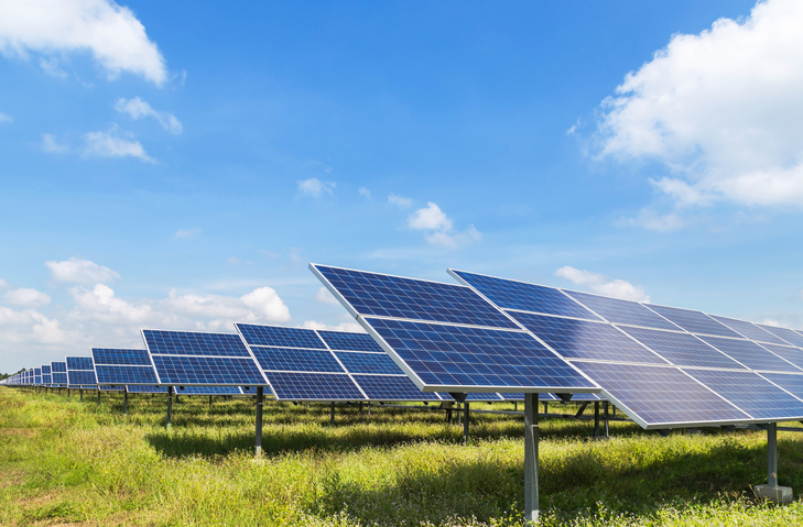 Rows of solar panels in a grassy field under a bright blue sky with scattered clouds.