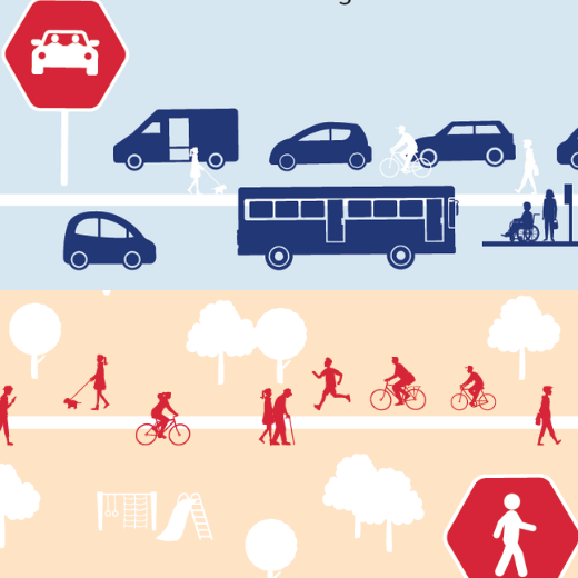 graphics of people walking and driving on different roadway scenes