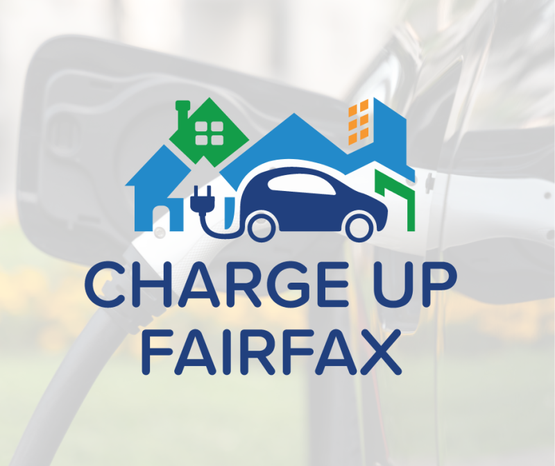 photo of Ev charger plugged into vehicle with charge up fairfax logo overlaid