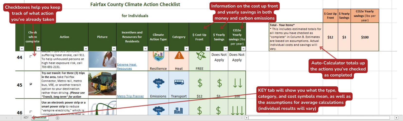 screenshot of climate checklist with tooltips