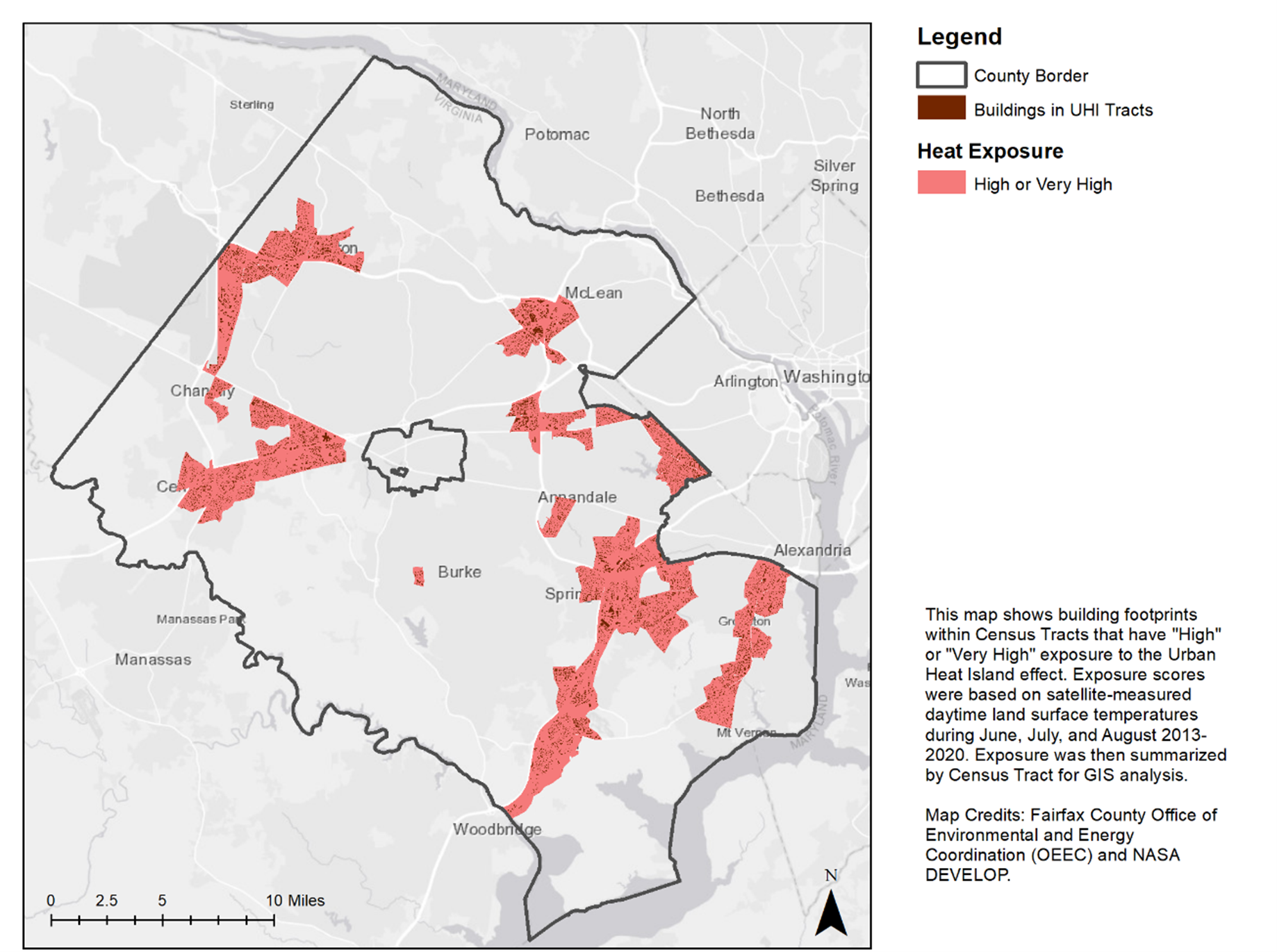 building footprints within census tracts that have high or very high exposure to urban heat island effect