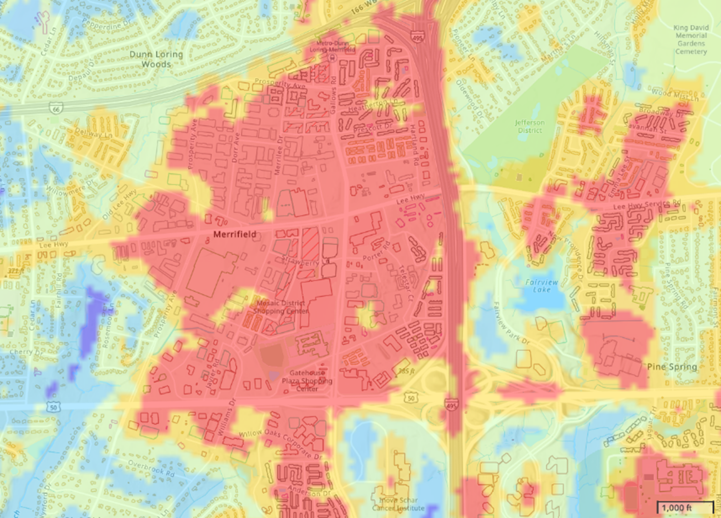 zoomed in area of buildings affected by urban heat island effect