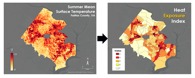 summer mean surface temperature map turning into the heat exposure index map graphic