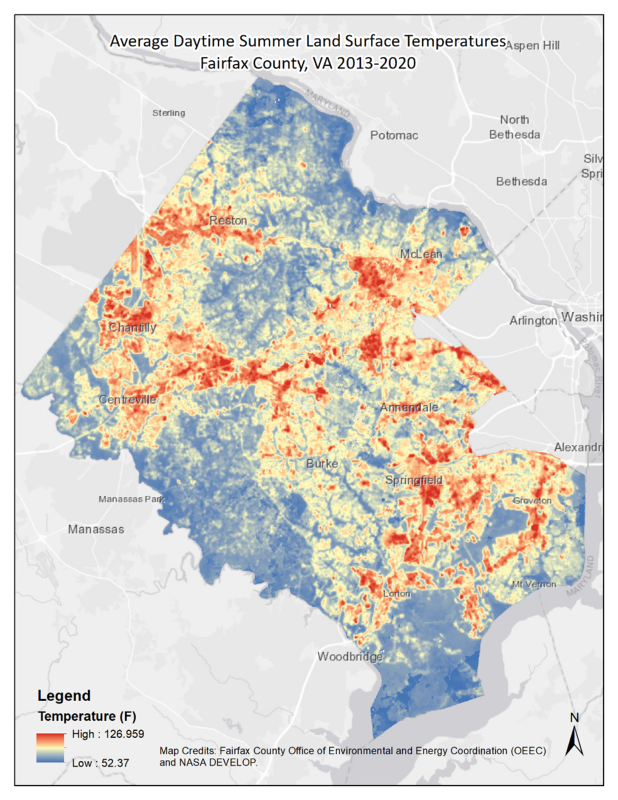 average daytime summer land surface temperatures fairfax county virginia