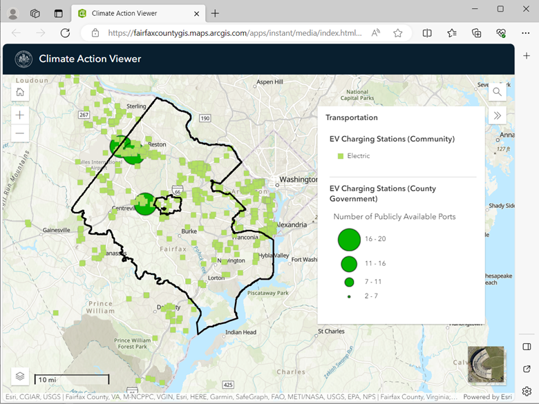 climate action viewer screenshot showing EV charging stations in the community