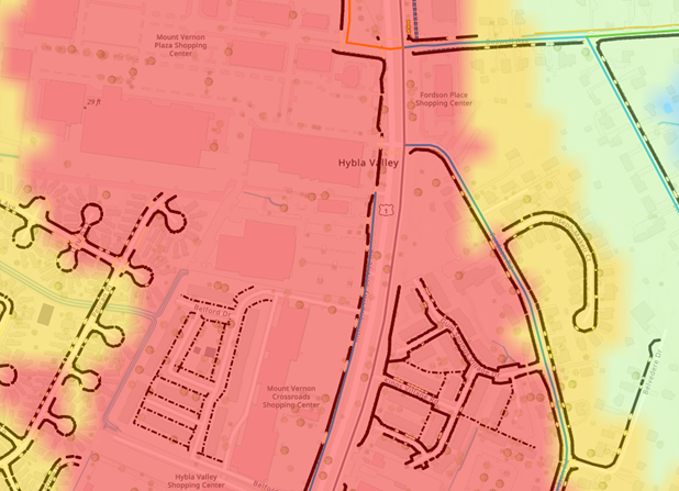 map of Hybla Valley showing a large urban heat island layered over it