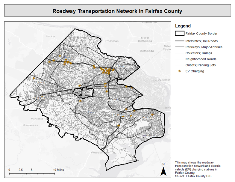map showing roadway transportation network in fairfax county