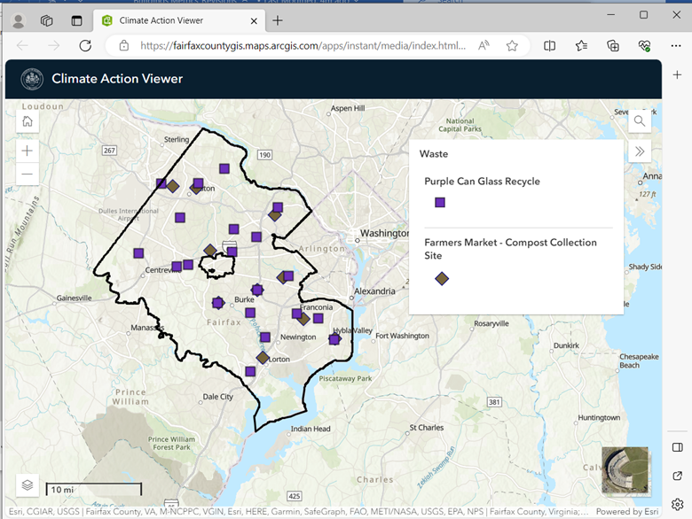 screenshot of climate action viewer showing locatons of purple can glass recycling locations and the farmers markets