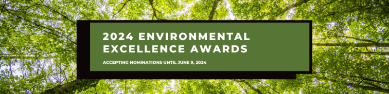 Photo of looking up at trees in a forest with a grey and yellow box that says “2024 Environmental Excellence Awards, nominations open until June 9, 2024”