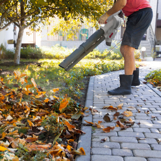 man blowing leaves with a electric leaf blower