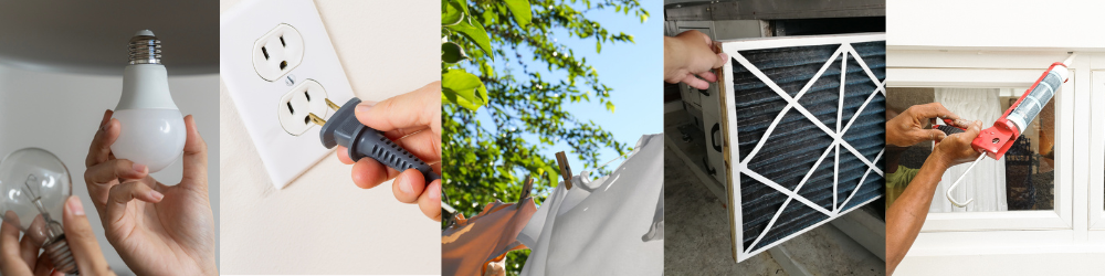 collage of pictures of energy savings tips featured below