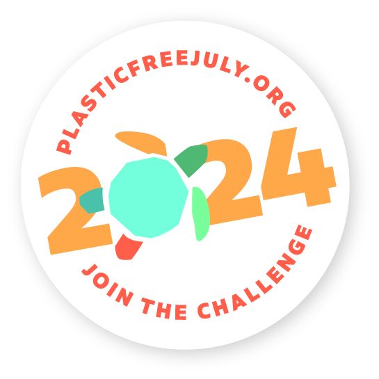 badge with turtle that says plastic free july and be part of the challenge
