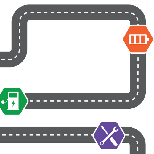 graphic of a roadway and small graphics of a gas tank and a battery symbol