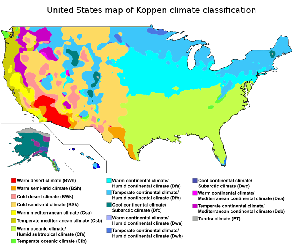 United States Map of Koppen climate classifications