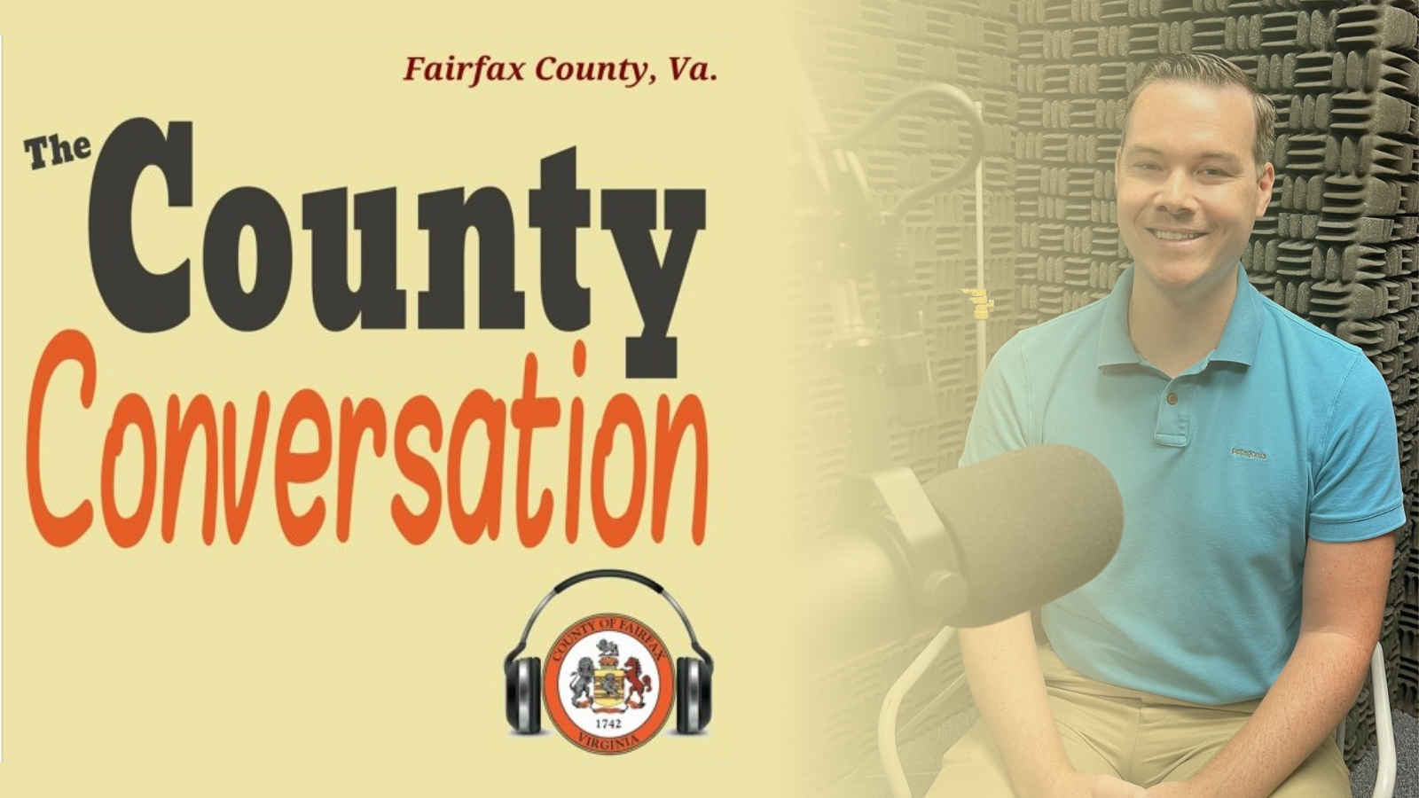 photo of Kevin Smith, male with brown hair and blue shirt, in a recording studio, with the county conversation logo on the left side