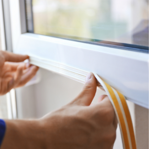 person placing weatherstripping on a window