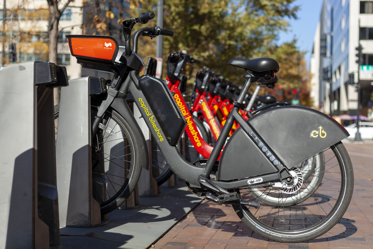 A Capital Bikeshare company bicycle rental station near White House. This is one of many stations in DC where customers rent bikes conveniently using an app.