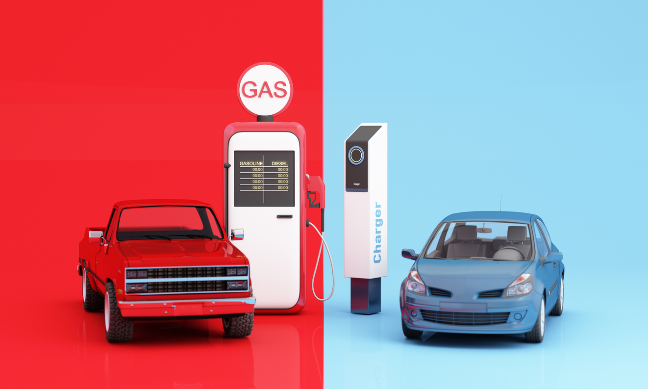 Between the red trucks filling Fuel and electric blue sedan charging. expensive fuel crisis, energy conservation, eco green, concept isolated on red and blue background 3d rendering illustration