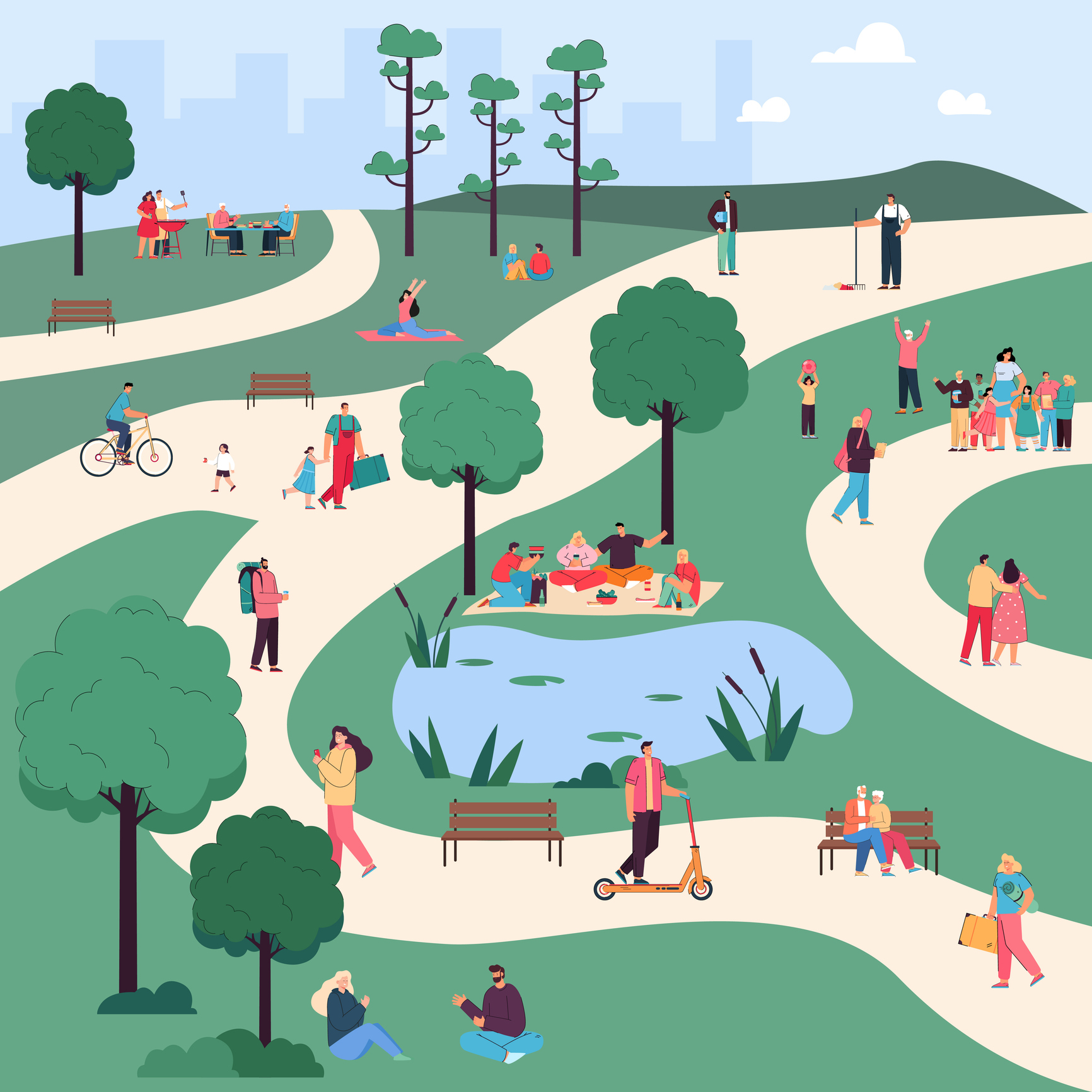 Men and women walking, having picnic and doing exercises in park