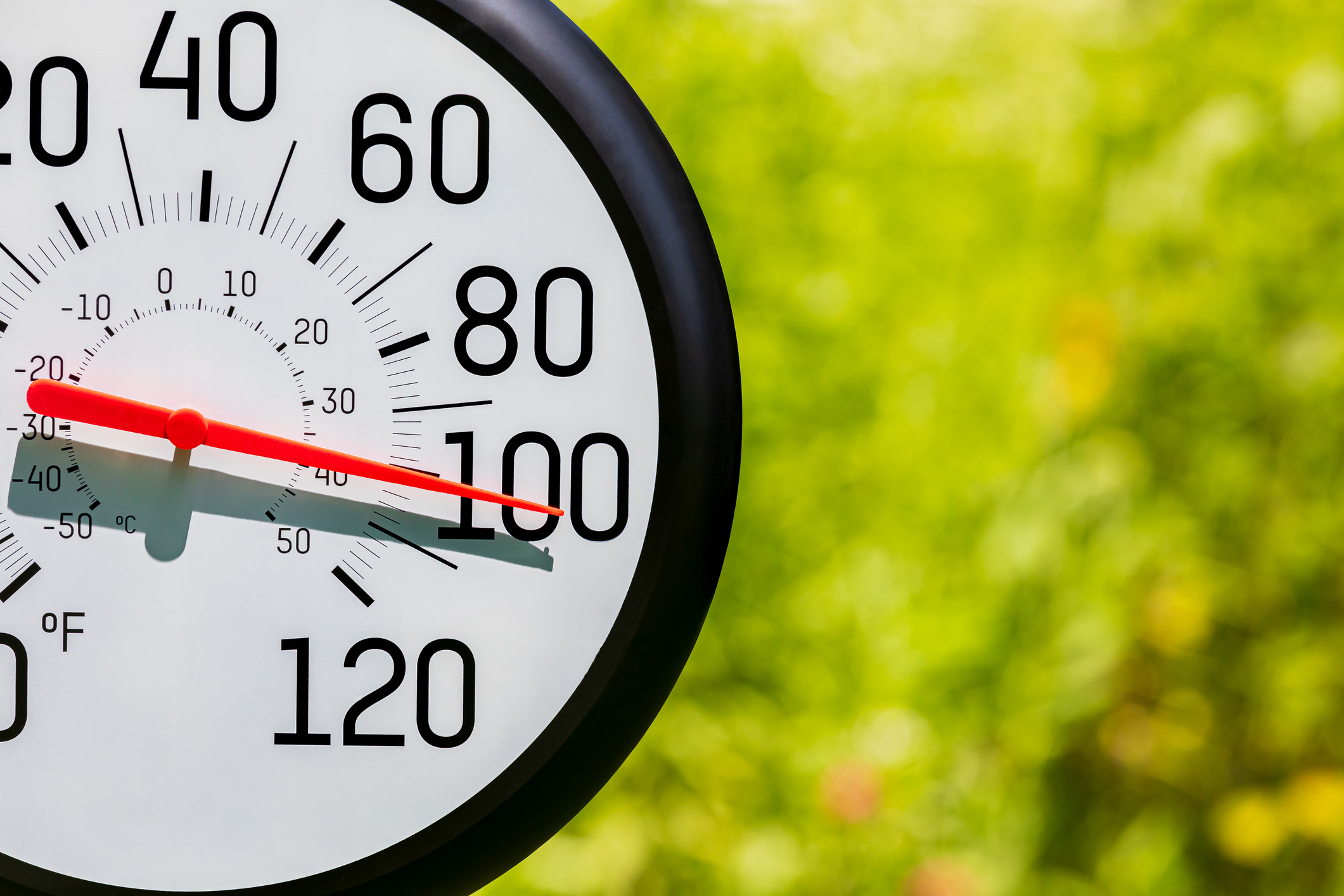 photo of an outdoor thermometer showing 100 degrees with a green background
