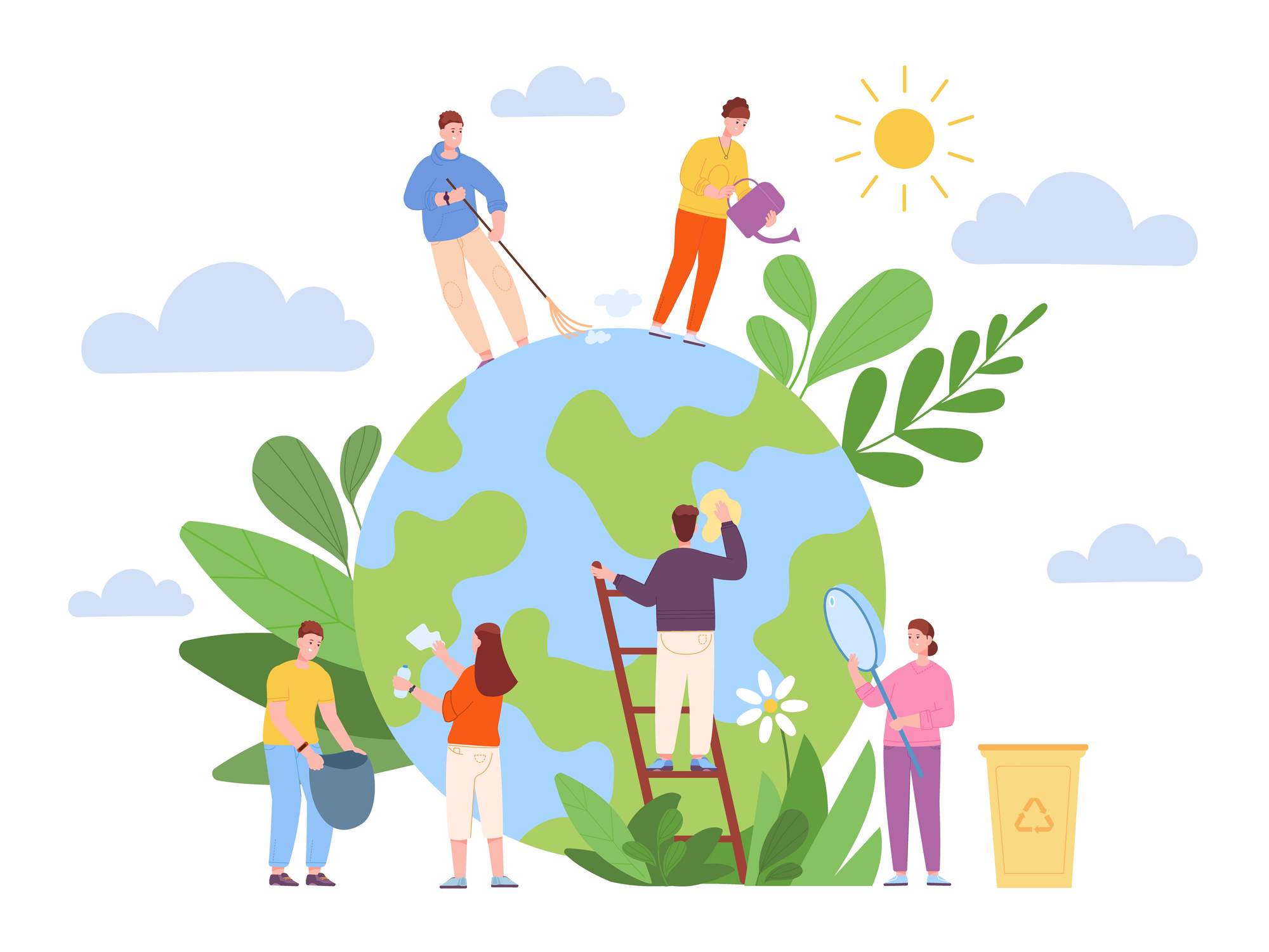 Illustration of volunteers cleaning globe