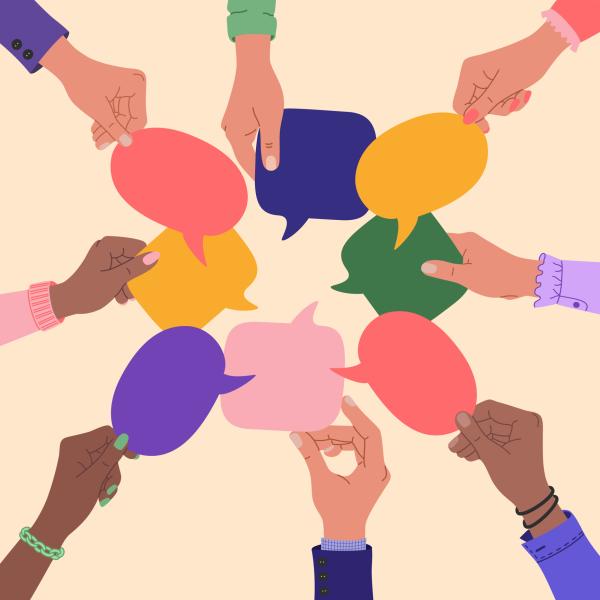 Illustration of diverse human hands holding speech bubbles