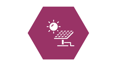 An icon of a solar panel and the sun on a light purple background