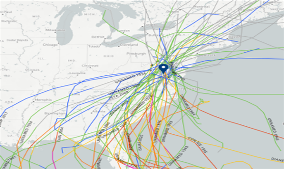 map showing NOAA hurricane tracks that have traveled near or over Fairfax County