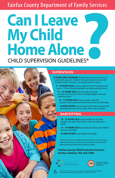 Can I Leave My Child Home Alone? Fairfax County Department of Family Services, Child Supervision Guidelines flyer graphic