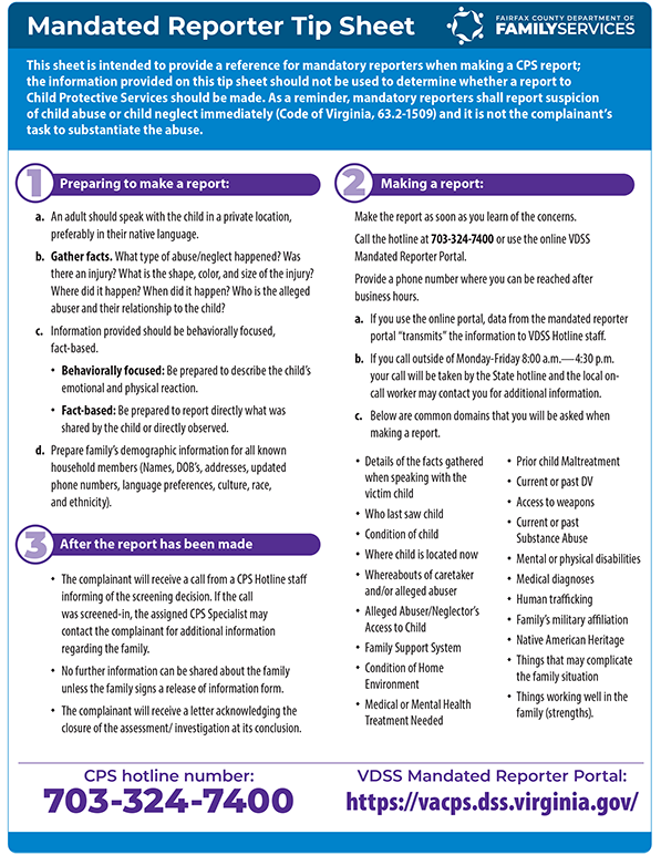 Department of Family Services Mandated Reporter Tip Sheet graphic