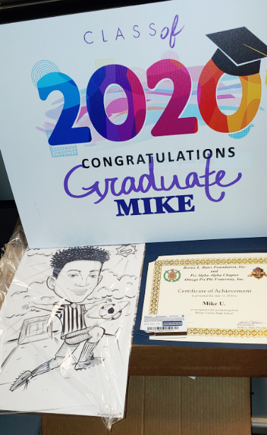 signed certificate, caricature for graduate Mike