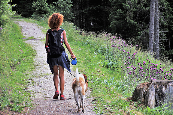 adult walking dog on nature trail