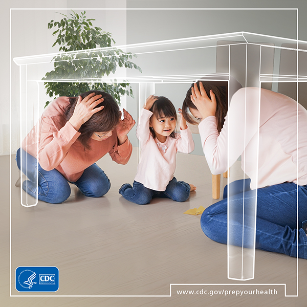CDC Prep Your Health graphic, two adults and child sheltering under table
