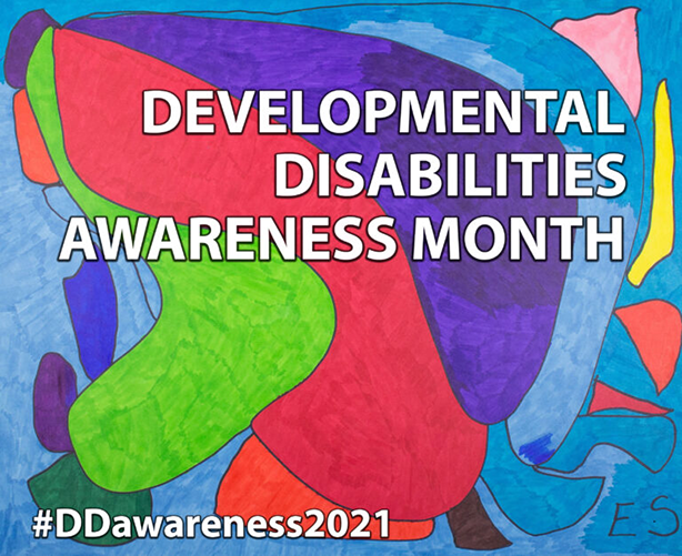 colorful graphic with text Developmental Disability Awareness Month