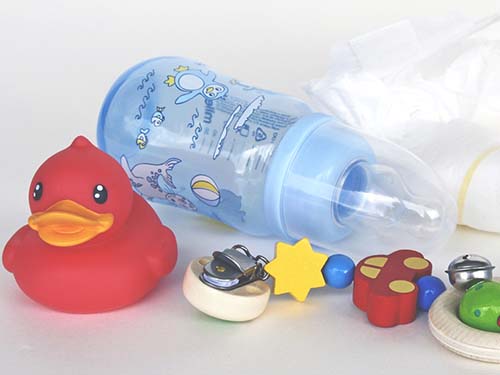 red and blue duck toys, baby bottle, baby accessories