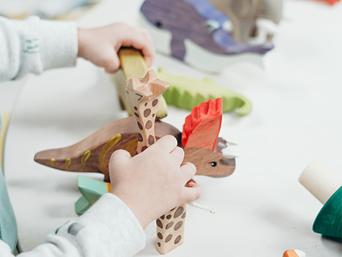 child playing with dinosaur toy 