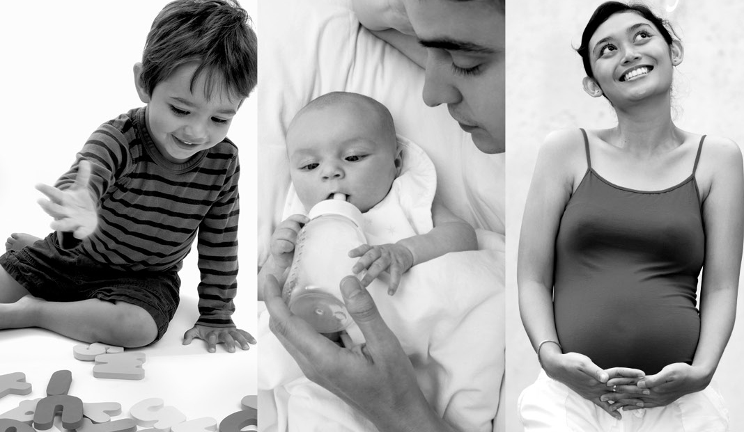 collage photos of boy playing, baby being fed by parent, woman pregnant