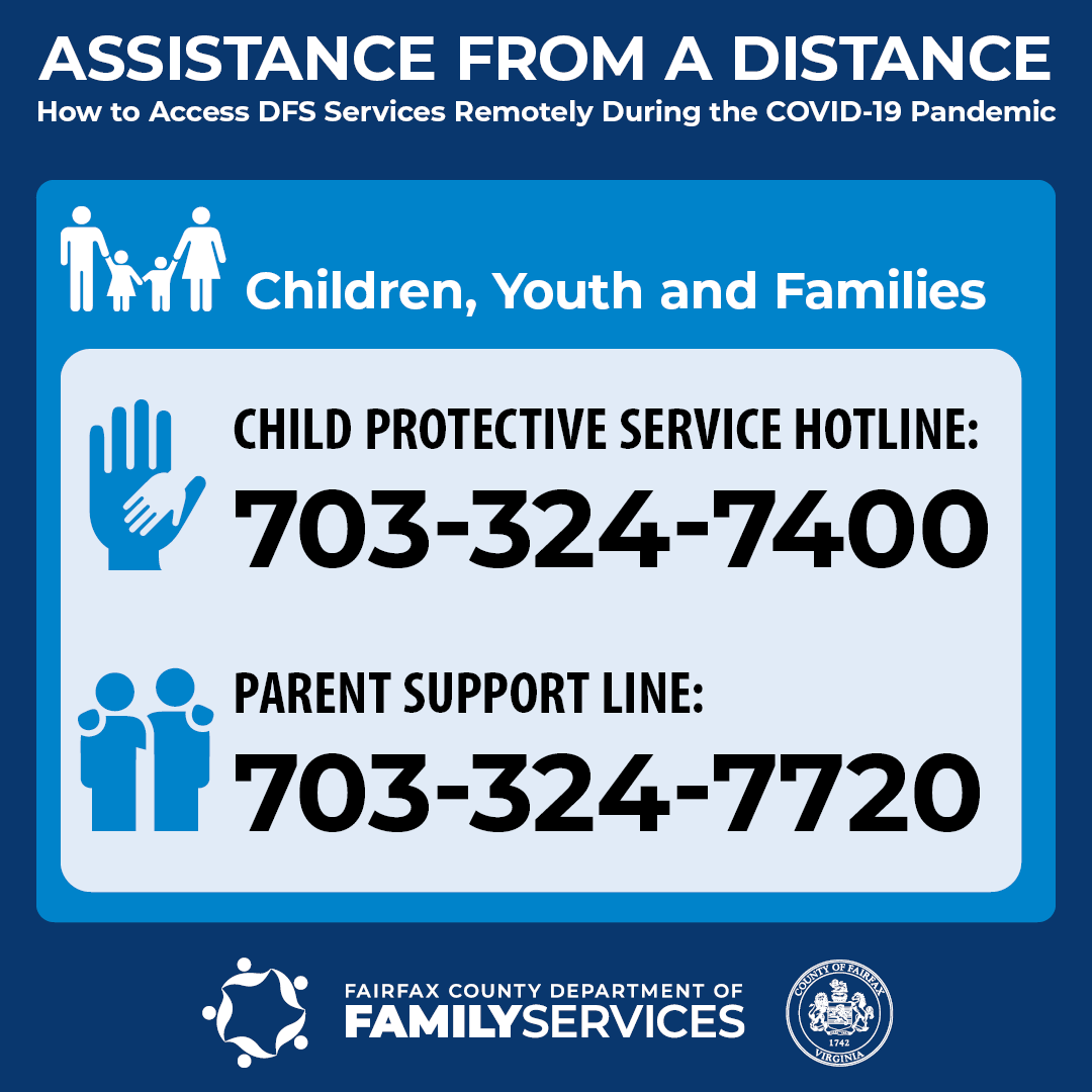 Assistance from a Distance graphic - Children, Youth and Families - Child Protective Servcies Hotline 703-324-7400 Parent Support Line 703-324-7720
